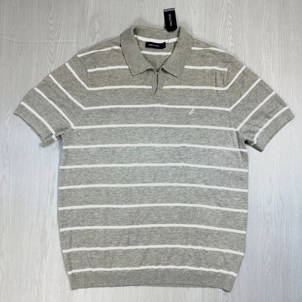Nautica Mens XL Short Sleeve Gray Striped Classic Logo Casual Soft Polo Shirt